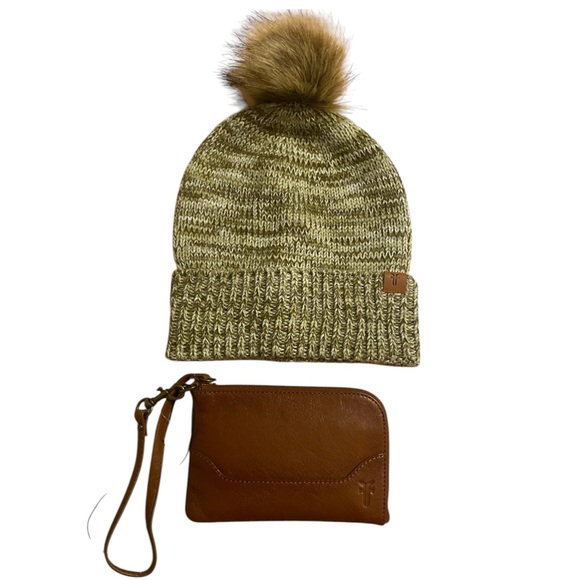 Frye Olive Knit Beanie with Pom and Brown Leather Wristlet - Picture 7 of 7